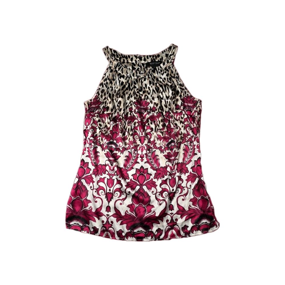 White House Black Market Silk Stretch Halter Top Womens size 0 Pink Black Print